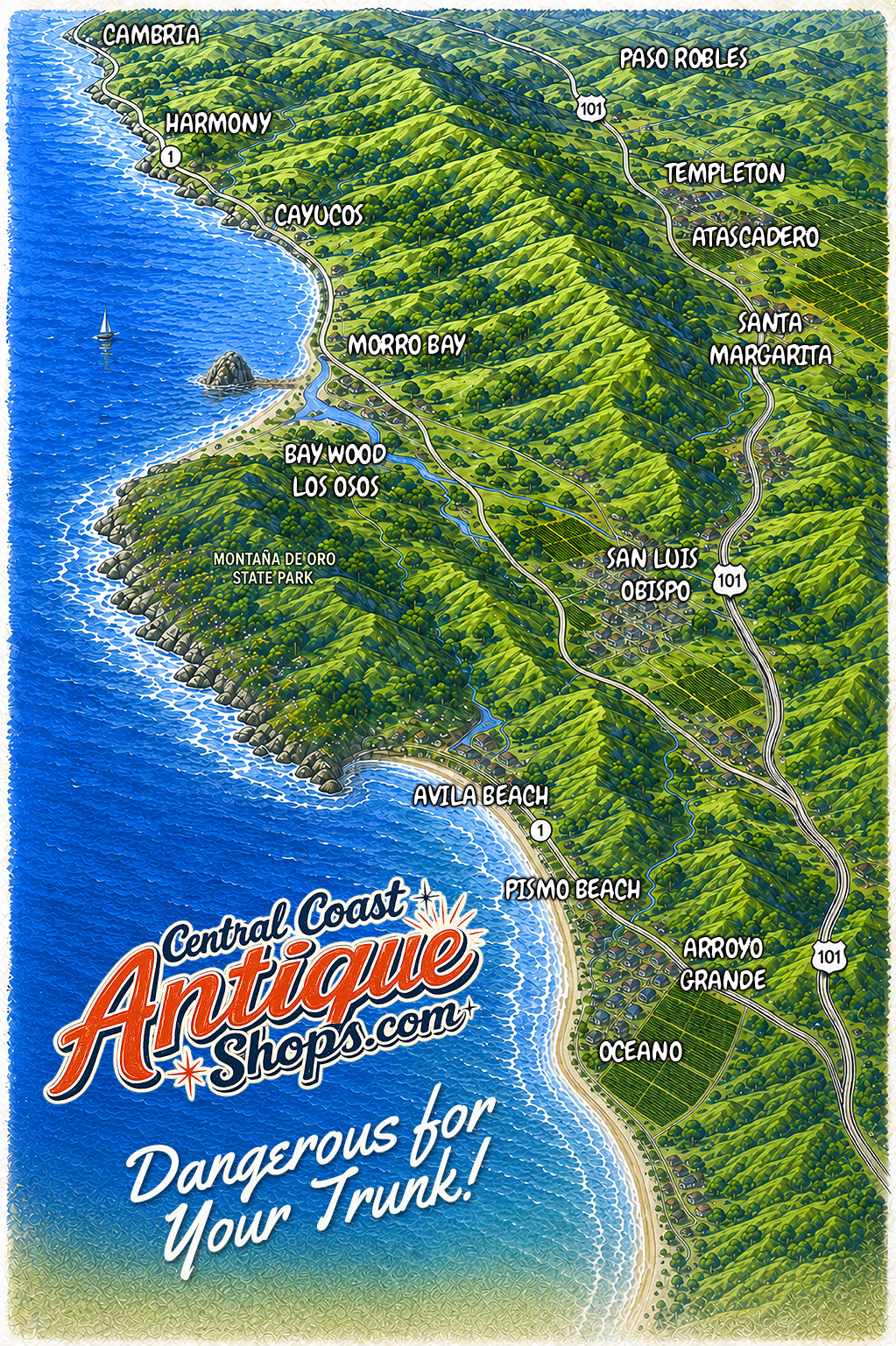 Illustrated map of California's Central Coast antique trail, from Cambria to Arroyo Grande, featuring Paso Robles, San Luis Obispo, Morro Bay, and Pismo Beach.
