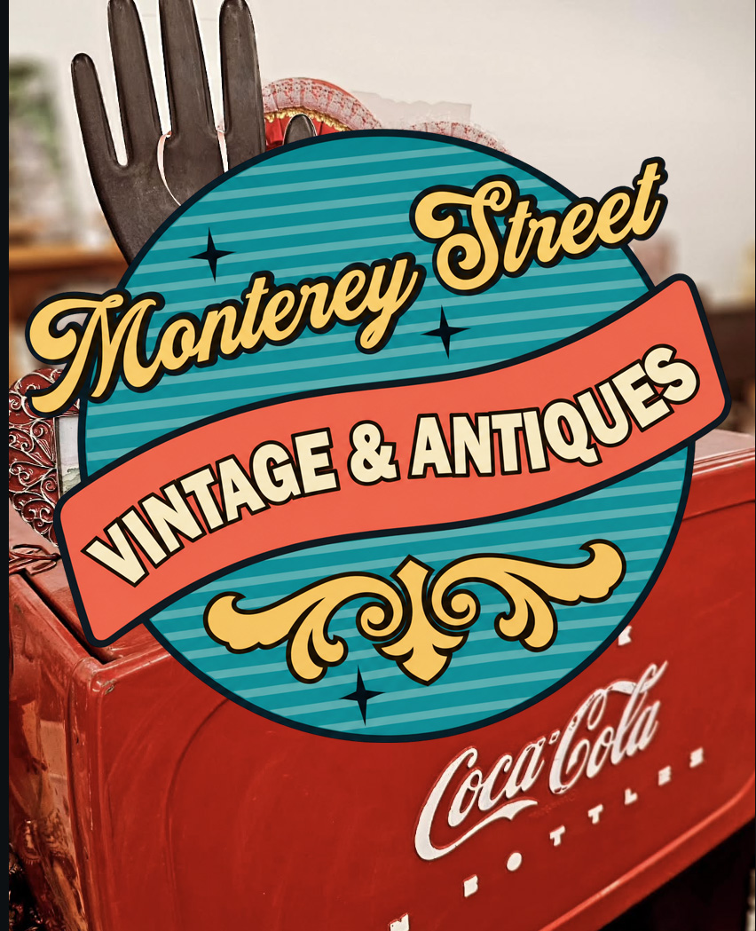 Monterey Street Vintage & Antiques shop with vintage Coca-Cola cooler and signage